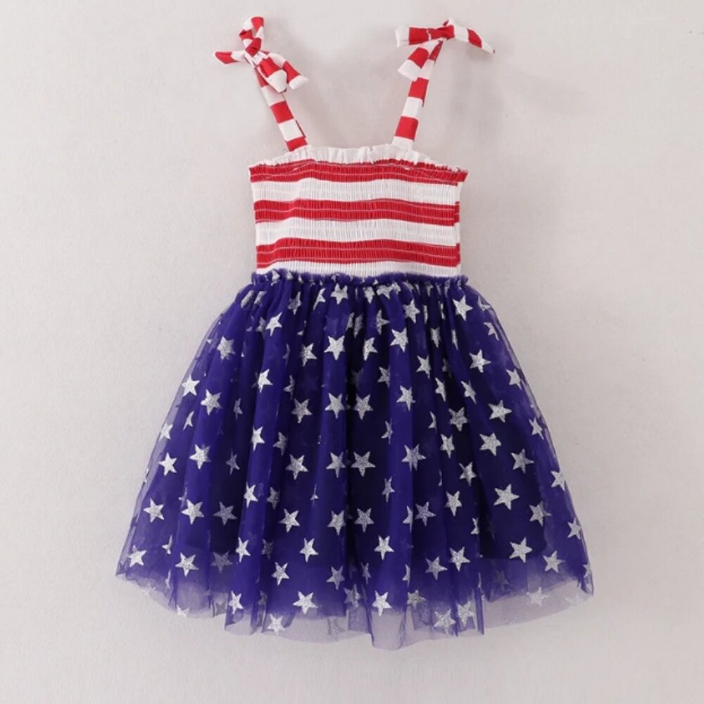 Boutique 4th of July Girls Smocked Patriotic Stars & Stripes Tutu Dress